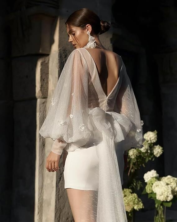 Long Sleeves Applique Short Wedding Dresses for Bride V Neck Mermaid Satin Bridal Gowns3