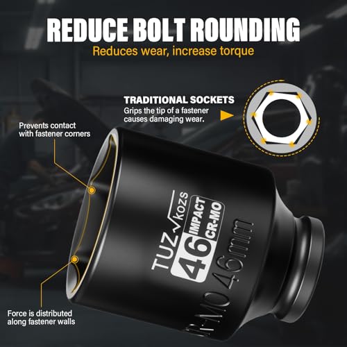 Image of 1 /2 Inch Drive 46mm Deep Metric Impact Socket,CR-MO,6 Point Radius Corner Design,Square Chamfered Opening,Axle Nut Impact Grade Socket for Easy Removal