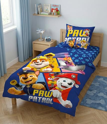 Aymax Parure de lit 3 Pièces Pat' Patrouille - Housse de Couette 140x200 cm + Taie d'oreiller 63x63 cm + Drap-Housse Assorti 90x190 cm (Bleu - Squares)