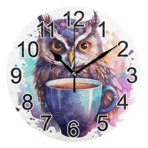 BOENLE Owl Coffee Cup Wall Clock Non Ticking Silent Kitchen Clock Large Decorative Battery Operated