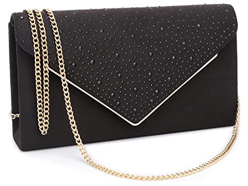 Mihawk Faux Suede Clutch Bag Elegant Metal Binding Evening Purses and Handbags Envelope Evening Clutch for Wedding, Rhinestone Black