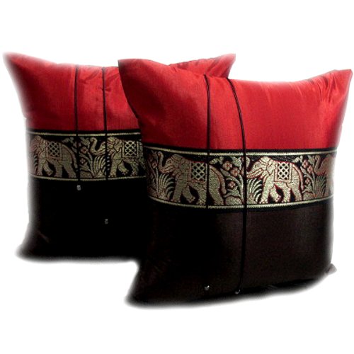 One Pair:beautiful & Cool Big Elephants Throw Cushion Cover pillow Case Handmade By Thai Silk for Decorative Sofa, Car and Living Room Size 16 X 16 Inches