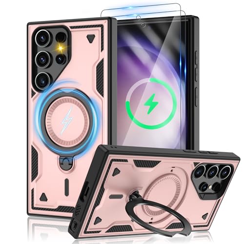 Coque Samsung S23 Ultra béquille or rose aimantée avec protection écran anti-rayures antichoc