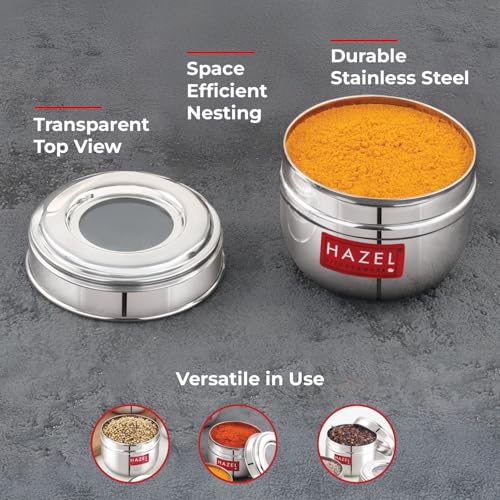 Image of HAZEL Stainless Steel Transparent Lid Containers 150ml | Versatile Storage Jars with See-Through Top | Nesting Kitchen Canisters for Spices, Snacks & Grains