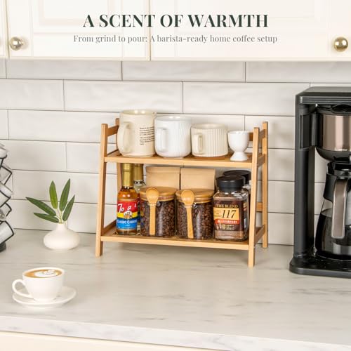 ANBOXIT Rattan-Style Coffee Station Organizer - Bamboo Tea & Matcha Accessories Display Stand, 2-Tier Mug Holder for Kitchen, Home, Office - Image 4