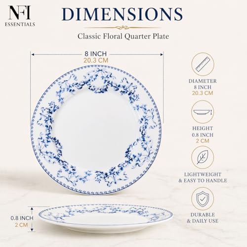 Image of NFI essentials 8 inch Ceramic Quarter Plate with Elegant Blue Floral Design, Premium Serving Plate for Snacks, Desserts, Breakfast & Appetizers, Microwave & Dishwasher Safe