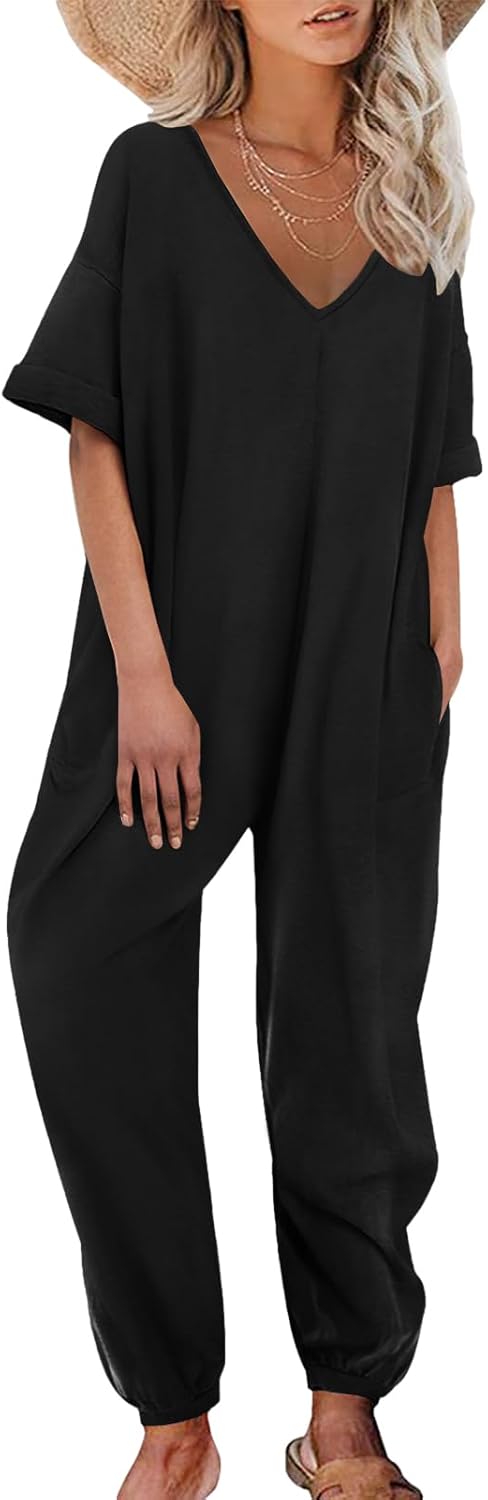 Nirovien Womens Short Sleeve Jumpsuits Casual V Neck Long Rompers Beam Foot Baggy Jumpers Summer Outfits