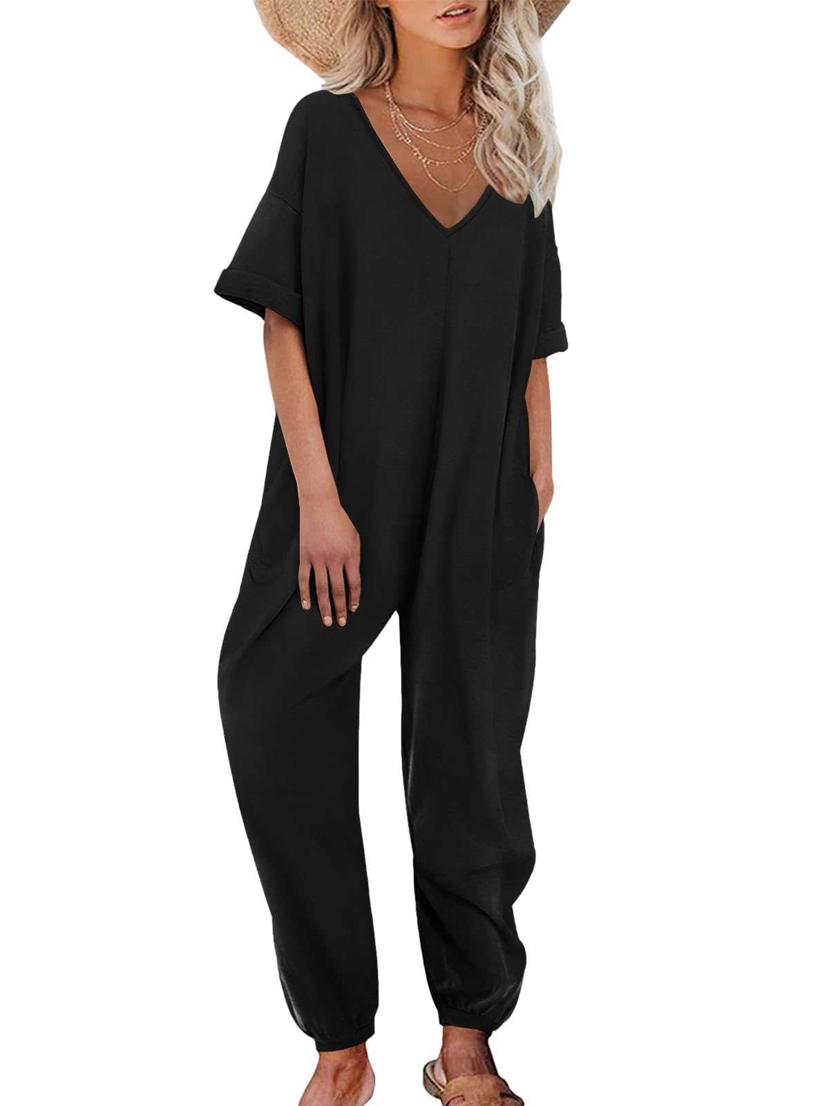 Nirovien Womens Short Sleeve Jumpsuits Casual V Neck Long Rompers Beam Foot Baggy Jumpers Summer Outfits