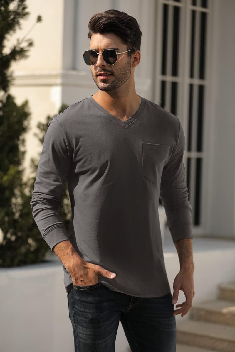 Wihion Men's Long Sleeve V-Neck Tee Shirt Tops with Pocket - Image 2