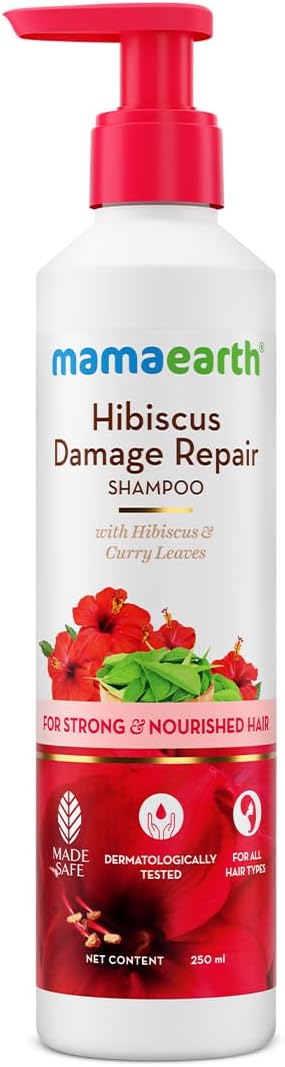 MAMAEARTH Hibiscus Shampoo with Curry Leaves | for Strong & Nourished Hair | Gently Cleanses & Repairs Damaged Hair | Color-Safe & Sulfate-Free | 8.45 Fl Oz/250 ml