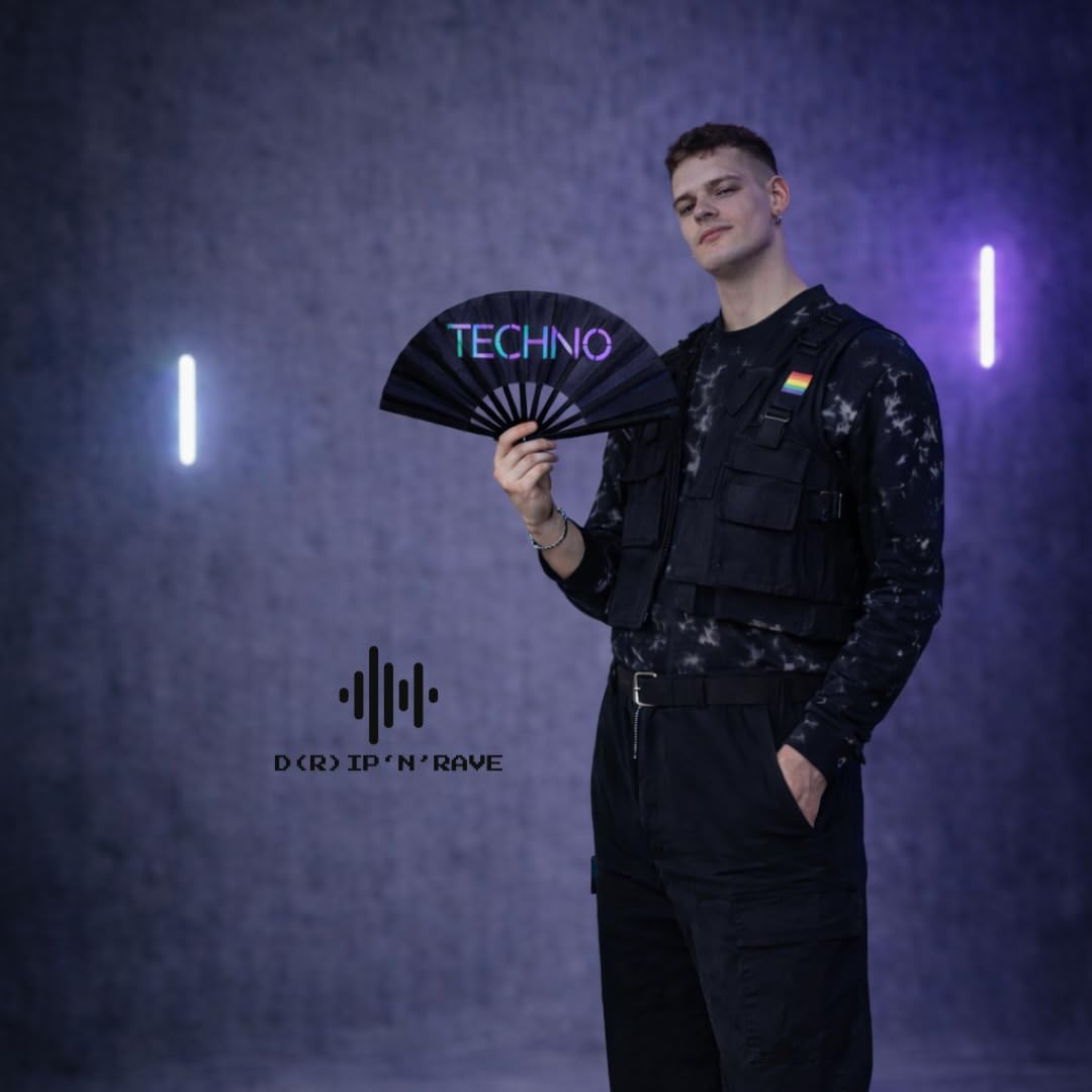 Techno-XL - Ventaglio a mano con luce UV, con leggero luccichio verde, l'accessorio indispensabile per Techno Rave Festivals Club, pieghevole, grande, in legno di bambù, nero