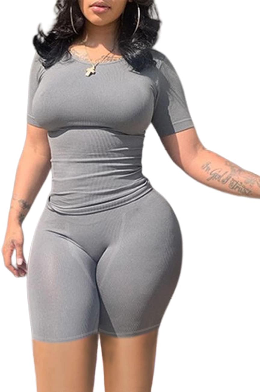 vyoluLounge Wear Ribbed Casual 2 Piece Tracksuit Set Women Solid Skinny Short Sleeve O-Neck Top+Mid Waist Elastic Leggings
