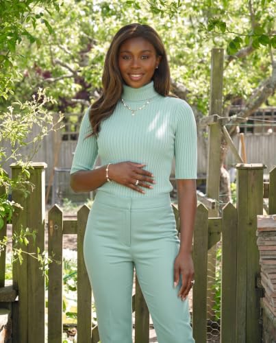 Image of v28 Women Turtleneck 1 /2 Half Sleeve Highly Stretchy Ribbed Knit Fitted Sweater