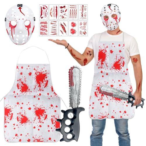 JWDMHSJ Asesino en serie Disfraces, Disfraz de Carnicero con Motosierra， Halloween Delantal Sangriento de Terror, Sangriento Carnicero Halloween Disfraces, Adulto y Adolescente Talla Única (A)