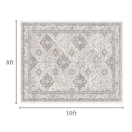 Vintage 8x10 Washable Area Rug, Low-Profile Large Area Rug with Non-Slip Backing & Durable Edge Binding, Pet-Friendly Carpet, Large Rug for Living Room, Bedroom, Dinning Room