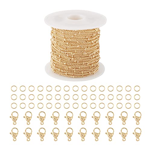 Pandahall Brass 14K Gold Plated Satellite Chains 16.4 Feet Necklace Chains for Jewelry Making & Golden Lobster Claw Clasps Open Jump Ring for Men Women DIY Bracelet Jewelry Making