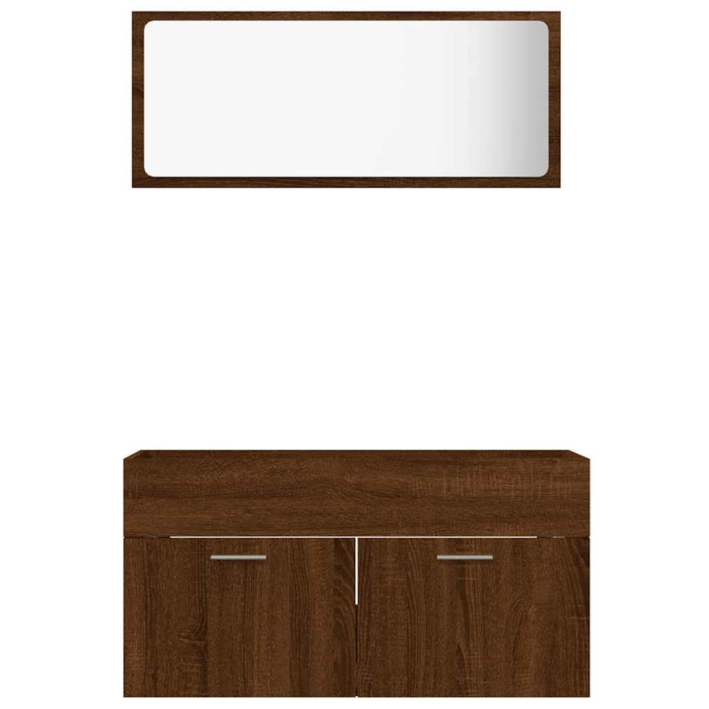 2-częściowy zestaw mebli łazienkowych o wyglądzie dębu, materiał drewnopochodny z szafką pod umywalkę i lustrem, wymiary 90 x 38,5 x 46 cm, oszczędność miejsca, wiszące, dodatkowe miejsce do
