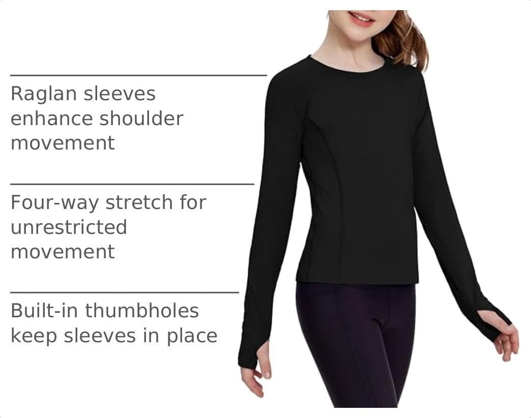Zaclotre Girls Long Sleeve Shirts with Thumb Holes Kids Athletic Top Tees