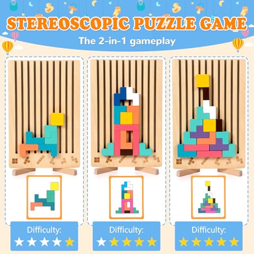 Image of Wooden Stacking Puzzle Toy, 42 Pcs 3D Montessori Russian Blocks Puzzles for Toddlers 3+ Years Old, Brain Teaser Educational Travel Game for Kids, Logic Intelligence Development Gift