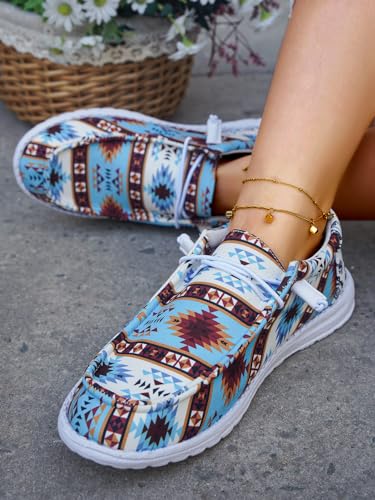 Unisex Aztec Pattern Canvas Loafers Elastic Strips Closure Slip-on Sneakers Comfort Easy-Walking Boat Couple Shoes Ultralight Breathable Sports Shoes for Women/Men Adults/Teenagers, Green/Blue/Yellow4