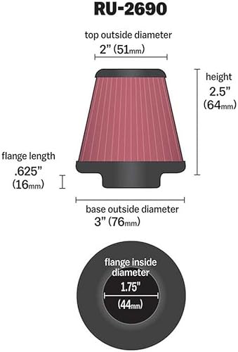 Miniatura 2 de K&N Filtro de entrada de aire universal con abrazadera alto rendimiento, Premium, Filtro de aire de repuesto Diámetro de la brida 1.75 pulgadas,