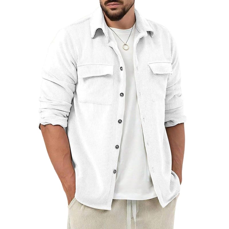 Image of Men Corduroy Casual Jacket Full Sleeve Self Design Button Front with Spread Collar, Woven Cord Lining and Two Pockets for Casual Outings