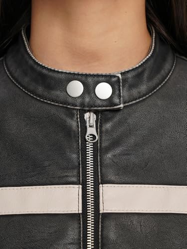 Wuitrie Womens Faux Leather Jacket Color Block Cropped Jacket Long Sleeve Zipper Motorcycle Jacket Vintage Coat Streetwear4