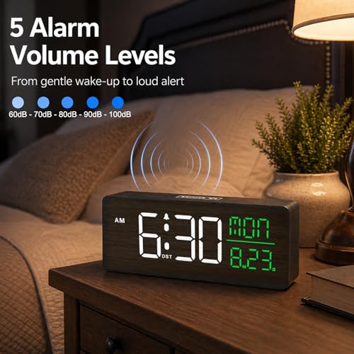 Image of Peakeep Wooden Digital Alarm Clock Large Display, Textured Decoration | for Bedroom Living Room Desk Table, Electric Plug-in Clock Battery Backup with Time Date Day, 5 Brightness, Auto DST