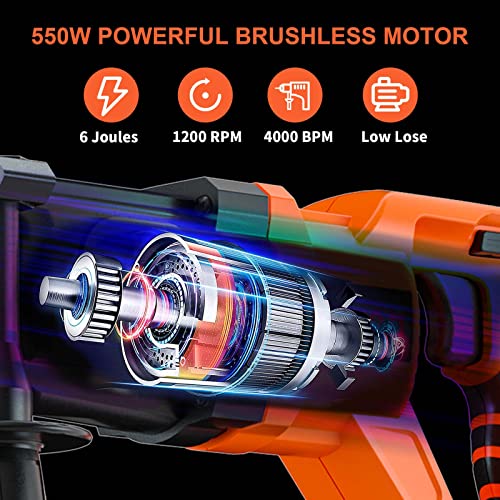 Cordless Rotary Hammer Drill, 21V Brushless 1 Inch Sds Plus Hammer Drill Kit With 2 Batteries, Charger, 1/2" Drill Chuck, 3 Drill Bits, Grease And Case–Suitable For Concrete, Wood, Stone, And Metal #TOP1