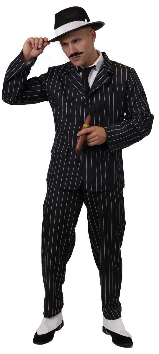 Adult Gangster Fancy Dress Costume - Black & White Pinstripe Suit With Black Trilby Hat With White Satin Band & Spiv Moustache by Ilovefancydress® (Large)