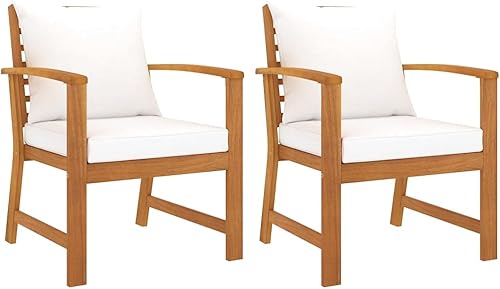 Patio Chairs 2 pcs with Cream Cushion Solid Acacia Wood Backyard Outdoor Chairs Sillas para Comedor Garden Chair for Terrace Beach Study Picnic