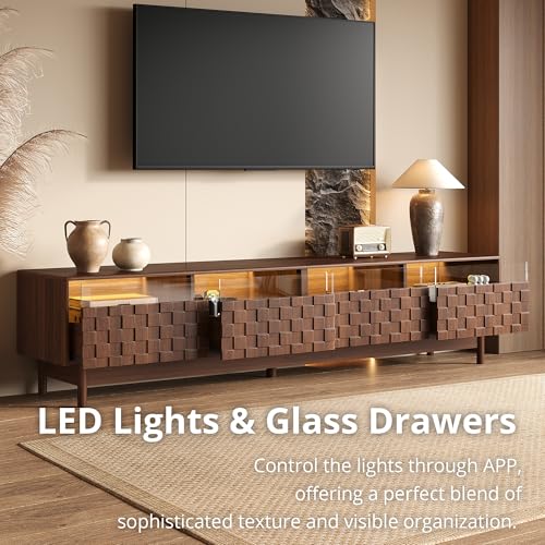 Image of Merax 78 inch TV Stand for TVs Up to 85 inch, Modern Entertainment Center with LED Lights, 4 Drawers & Glass Front, Media Console with Unique Mosaic Front Design for Living Room