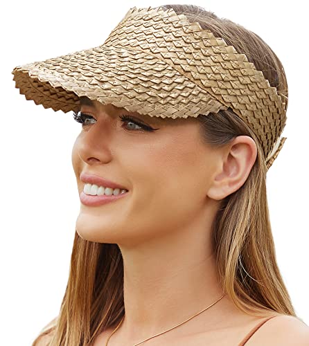 Beach Sun Hats for Women Straw Sun Visor Wide Brim Floppy Hats for Women Natural Straw Hand Woven Summer Hats Khaki