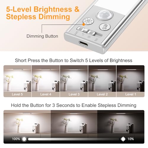 gritin 102inch under cabinet lighting rechargeable -84 led super bright3-coloramp 5 level brightness4 modesmotion sensorlong lasting- easy installation magnetic under cabinet closet lights -2 pack