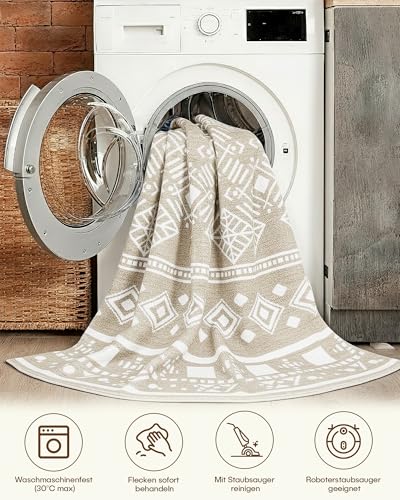 XSIVOD Teppich 160x220 cm Kurzflor - Waschbarer Rutschfester Wohnzimmerteppich, Boho Vintage Design, Großer Carpet rutschfest Waschbar, Teppiche für Schlafzimmer, Küche, Esszimmer, Büro, Beige