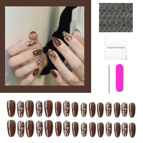 Image of Secret Lives acrylic cat eye brown animal print nails extension Press On Nails 24 pieces combo set with kit beautiful fake false nails