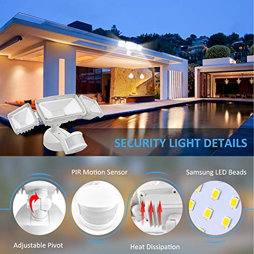 GSBLUNIE LED Security Lights Outdoor 4000LM, 42W 6000K Super Bright Motion Sensor Light, 3 Adjustable Head, IP65 Waterproof Flood Light Outdoor for Entryways, Stairs, Yard and Garage - Thumbnail 2