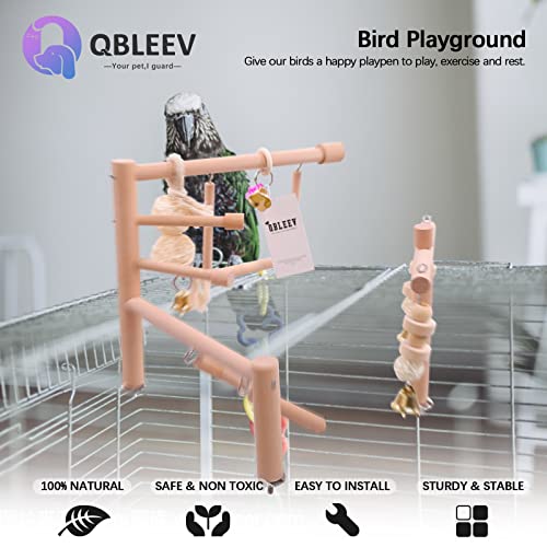 Image of QBLEEV Bird Cage Play Stand Toy Set-Birdcage Wood Stands Hanging Chew Toys Ladder Swing Parrot Perch Play Gym Playground Accessories Activity Center for Conure, Parakeets, Budgie, Cockatiels,Lovebirds
