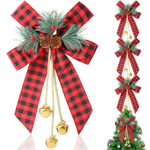 Yinkin 4 Pcs Christmas Burlap Plaid Bow with Bells 11 x 7.8 Inch Red Checkered Ribbon Bow Christmas Wreath Bows with Pine Cone Christmas Tree Decoration Bows for Xmas Party Indoor Outdoor DIY Decor