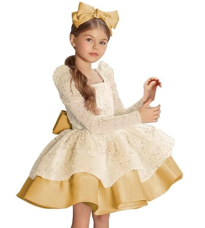 Sequin Flower Girl Dress Puffy Layers Birthday Party Dress with Bow Beautiful Princess Party Gown2