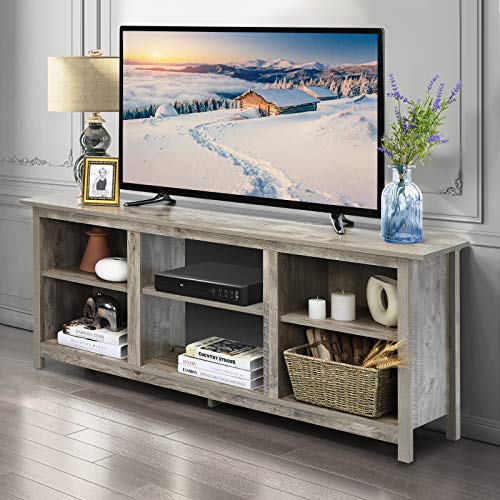 Tangkula Farmhouse Universal Tv Stand For Tv's Up To 65" Flat Screen, Home Living Room Entertainment Center W/4 Open Shelves, Tv Console Table For 18 Inch Electric Fireplace (Not Included), Grey #TOP2