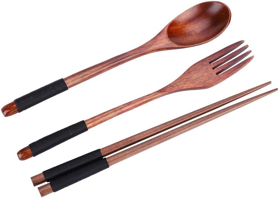 3pcs Wooden Flatware Set, Travel Cutlery Wooden Portable Set Chopsticks Spoon Fork Tableware Dinnerware with thread(with black thread)