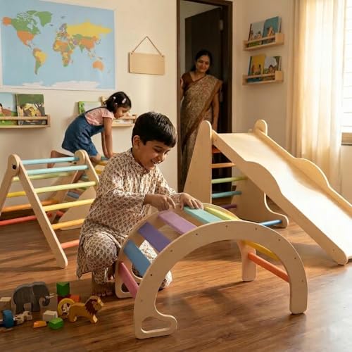 Image of Pikler Triangle Set for Kids 3-6 Yrs, Montessori Learning Toy with Arch, Ramp&Climbing Triangle, Transformable Climbing Toy, Indoor Playground for Baby, Modern Indoor Slide & Climber Ramp