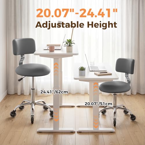 Image of Rolling Stool Chair with Wheels, Office Drafting Chair with Back Support, Height Adjustable Standing Desk Stool with PU Leather Cushion for Home Office Kitchen Vanity Salon Garage Tattoo Dentist, Grey