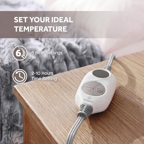 Image of Westinghouse Electric Heated Throw Blanket, Faux Fur with 6 Heating Levels & Auto Off, Soft Cozy Sherpa Washable Blanket (50 inch x 60 inch, Grey)