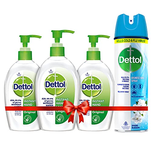 Image of Dettol Disinfectant Sanitizer Spray Bottle | Kills 99.9% Germs & Viruses (Spring Blossom, 225ml) & Original Germ Protection Alcohol based Hand Sanitizer Pump, 200ml (Pack of 3)