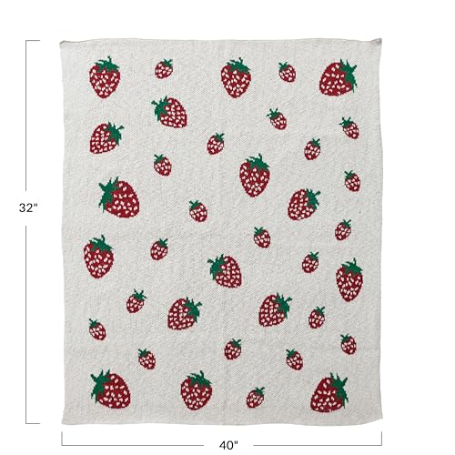 Image of Creative Co-Op Cotton Knit Baby Blanket with Strawberry Pattern, Cream, Red and Green