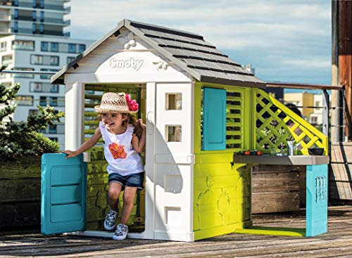Smoby - Maison Pretty + Cuisine d'Eté - Cabane de Jardin Enfant - 2 Fenêtres avec Persiennes + 17 Accessoires - 810711