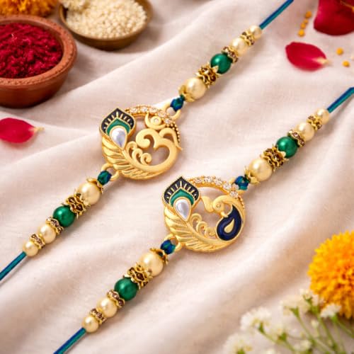 Image of Riddhika Ventures Glorious Gold Plated Auspicious Diamond Ring Rakhi (Set of 2) with Roli Chawal and Greeting Card
