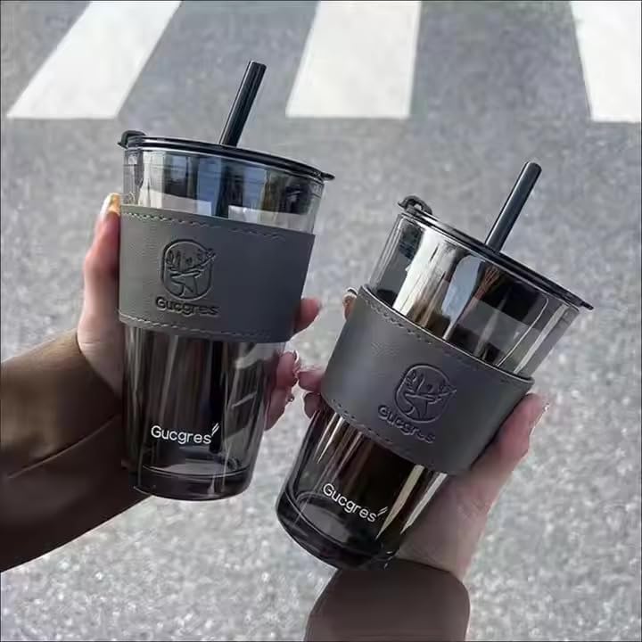 Image of Coffee Mug with Straw & Lid - Multipurpose Mason Jar Style Can Sipper for Green Tea, Milk, Juice, Smoothies & More - Reusable Drinking Cup for Home & Office (Black Leather.)